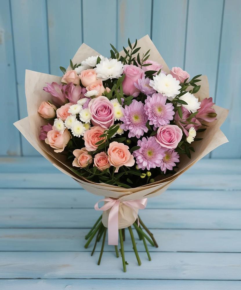 Букет цветов из: Хризантемы, Розы и Альстромерии в Строителе Тамбовской области