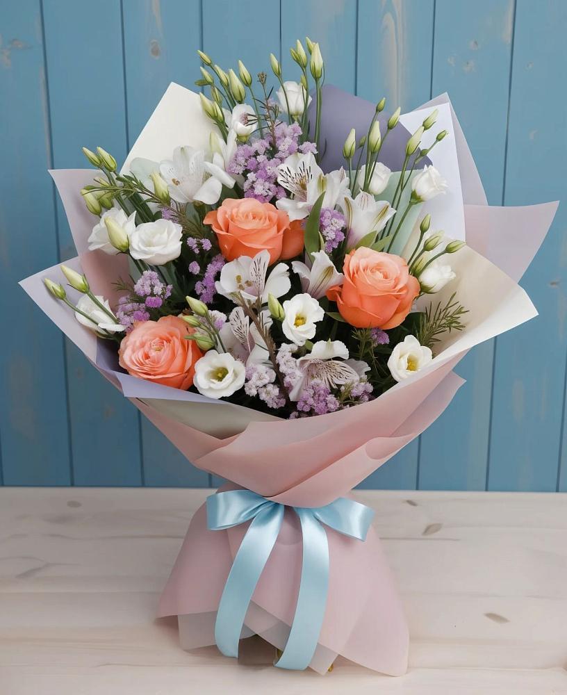 Букет цветов из: Лизиантусы, Розы, Альстромерии и Гипсофила в Строителе Тамбовской области
