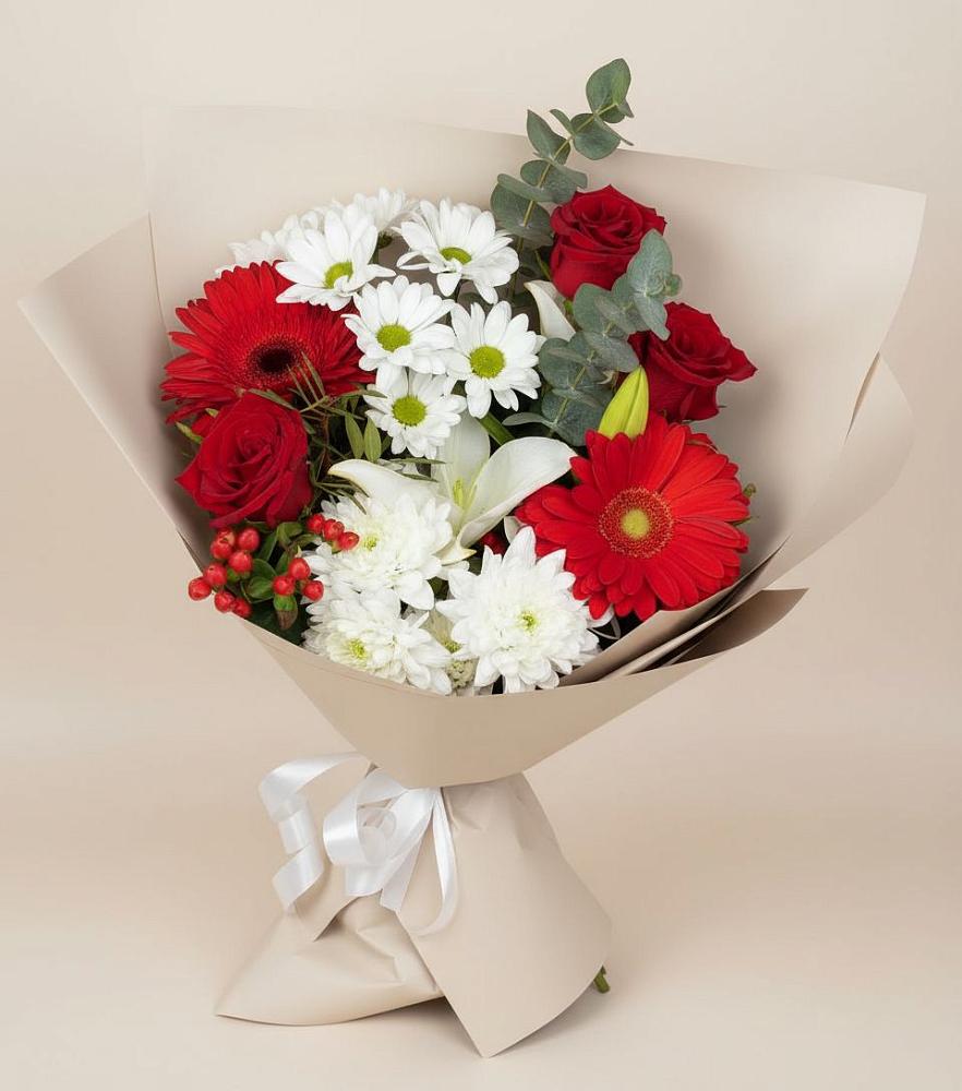 Букет цветов из: Розы, Хризантемы, Герберы и Лилии в Строителе Тамбовской области