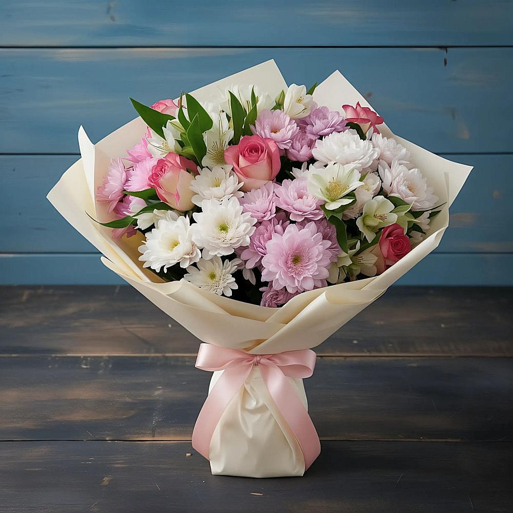 Букет цветов из: Хризантемы, Альстромерии и Розы в Строителе Тамбовской области